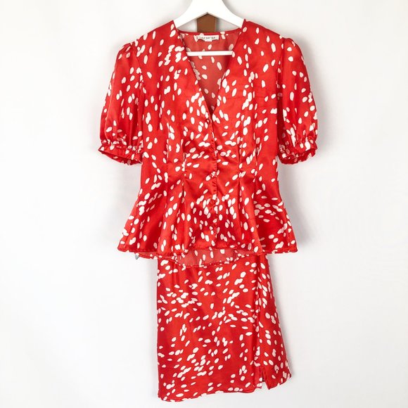 2 Piece Set TopShop Dalmatian Spot Pleated V-Neck Puff Sleeve Blouse Mini Skirt - Picture 8 of 13